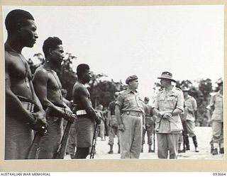 HONGORAI RIVER, SOUTH BOUGAINVILLE, 1945-07-04. HIS ROYAL HIGHNESS, THE DUKE OF GLOUCESTER, GOVERNOR-GENERAL OF AUSTRALIA (1), SPEAKING WITH LIEUTENANT-COLONEL S. ELLIOT-SMITH, OFFICER COMMANDING ..