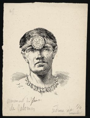 Sellier, P :Ornement, front, Iles Salomon. Habitant des Iles Salomon avec sa[?] plaque frontale / P.S. [1894?]