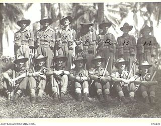 MADANG, NEW GUINEA. 1944-06-20. NON COMMISSIONED OFFICERS OF D COMPANY, 24TH INFANTRY BATTALION. IDENTIFIED PERSONNEL ARE:- VX70733 SERGEANT I.C. LECKIE (1); VX137867 SERGEANT R.S. MAUD (2); ..