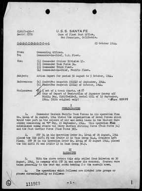 USS SANTA FE - Rep of ops during carrier air strikes on the Palau Is & Philippine Is, 9/6-24/44, including destruction of Jap convoy off Bislig Bay, Mindanao Is, Philippines on 9/9/44