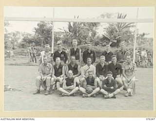 LAE, NEW GUINEA. 1944-10-01. MEMBERS OF THE SOCCER FOOTBALL TEAM OF THE 22ND WORKS COMPANY. IDENTIFIED PERSONNEL ARE:- N436826 PRIVATE J.G. MADDISON (1); N443880 PRIVATE C.J.D. SANDERSON (2); ..