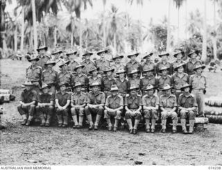 SIAR, NEW GUINEA. 1944-06-23. OFFICERS OF THE 57/60TH INFANTRY BATTALION. IDENTIFIED PERSONNEL ARE:- VX104114 CHAPLAIN G.T. SAMBELL (1); VX81109 LIEUTENANT N.W. GOODE (2); VX133031 CAPTAIN W.A. ..