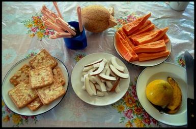 Food arranged on a table, Manihiki, Cook Islands