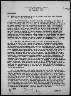USS Mccoy Reynolds - Rep of A/S act & destruction of an enemy submarine off Kossol Passage, Palau Is 11/19-20/44