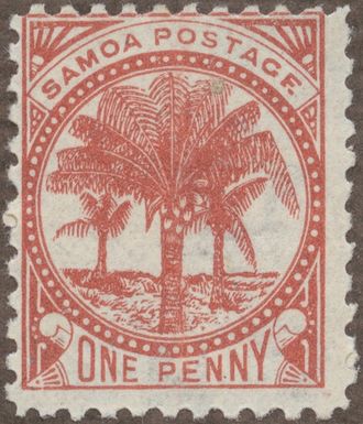 Stamp from Gösta Bodman’s philatelistic collection of motifs, begun in 1950.
Stamp from Samoa, 1899. Motif of coconut palms with fruits.