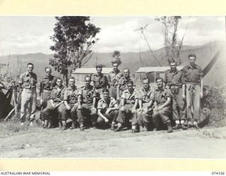 BULOLO, NEW GUINEA. 1944-07. PERSONNEL OF THE MOTOR TRANSPORT SECTION, HEADQUARTERS 11TH DIVISION. IDENTIFIED PERSONNEL ARE:- DRIVER D. CARTWRIGHT (1); DRIVER H. JORGENSON (2); DRIVER S. SHAW (3); ..