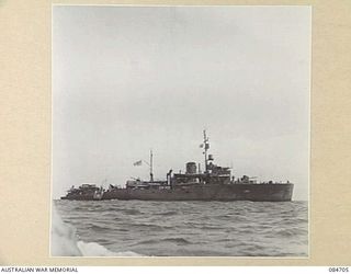 MIOS WUNDI, DUTCH NEW GUINEA. 1944-11-18. HMAS BENDIGO VIEWED FROM AN ACCOMPANYING VESSEL