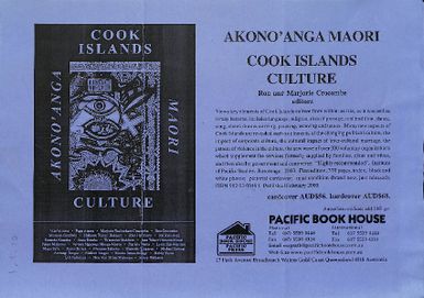 Publicity leaflet for the book  'Akono'anga Maori: Cook Islands Culture' edited by Ron and Marjorie Crocombe.