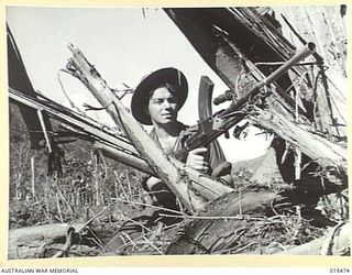 1943-08-09. NEW GUINEA. USING A SHATTERED TREE AS COVER PTE. A.J. WATT, OF NORTHCOTE, VIC., IS READY TO OPEN FIRE WITH HIS BREN GUN NEAR OBSERVATORY HILL. THE TREE WAS SHATTERED IN AN AERIAL BLITZ ..