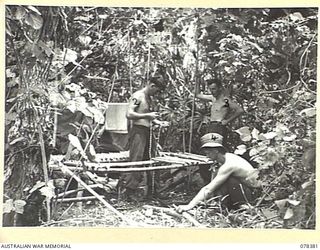 KALAMPUN VILLAGE, NEW BRITAIN. 1945-01-16. TROOPS OF "A" COMPANY, 14/32ND INFANTRY BATTALION BUILDING BUNKS IN THEIR JUNGLE CAMP OVERLOOKING THE VILLAGE. IDENTIFIED PERSONNEL ARE:- VX144271 ..