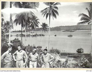 FINSCHHAFEN, NEW GUINEA, 1944-03-15. MEMBERS OF THE UNITED STATES FORCES PICTURED WITH LANGMAK BAY IN THE BACKGROUND. THE CONCENTRATION OF SHIPPING AROUND DOCKS IS A SIGHT FEW AUSTRALIANS IN THE ..