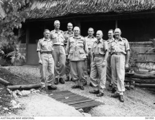 Port Moresby, New Guinea. 28 December 1943. VX1 General Sir Thomas Blamey GBE KCB CMG DSO ED, Commander in Chief, Allied Land Forces, South West Pacific Area, photographed with some of his officers ..