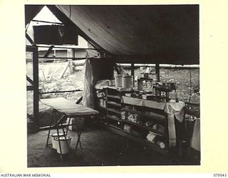 ORO BAY, NEW GUINEA. 1943-07. THE NEW OPERATING THEATRE OF THE 10TH FIELD AMBULANCE WITH FLYPROOFING AND A CEMENT FLOOR