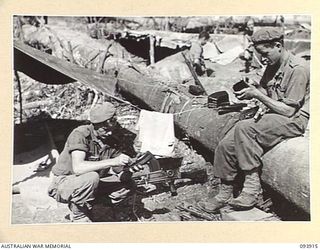 BOUGAINVILLE, 1945-07-14. PRIVATE M. LYE (1), AND PRIVATE C. MUDFORD (2), MEMBERS OF D COMPANY, 15 INFANTRY BATTALION, TAKE THE OPPORTUNITY OF A QUIET PERIOD TO CLEAN THEIR BREN GUN MAGAZINES AT ..