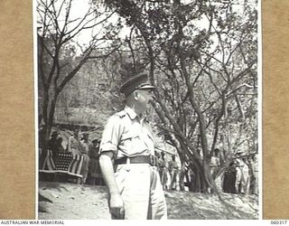 ELA BEACH, NEW GUINEA. 1943-11-13. NX8 LIEUTENANT GENERAL SIR LESLIE MORSHEAD, KCB, KBE, CMG, DSO, ED., GENERAL OFFICER COMMANDING, NEW GUINEA FORCE (1), ARRIVING AT THE COMBINED SERVICES SPORTS ..