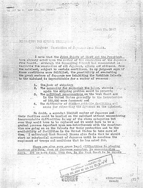 Memo: "Evacuation of Japanese from Hawaii"
