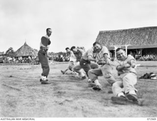 PORT MORESBY, NEW GUINEA. 1944-04-23. MEMBERS OF THE OFFICERS' TEAM DURING THE TUG-OF-WAR EVENT HELD IN THE 2/101ST GENERAL TRANSPORT COMPANY SPORTS MEETING HELD AT 9 MILE. IDENTIFIED PERSONNEL ..