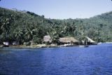 French Polynesia, waterfront buildings on shore of Bora Bora