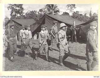 BUIN AREA, BOUGAINVILLE. 1945-09-13. JAPANESE STAFF OFFICERS ARRIVING AT HEADQUARTERS 2 CORPS SURRENDER PARTY CAMP IN KAHILI AREA FOR LIAISON PURPOSES AND TO ARRANGE WITH AUSTRALIAN OFFICERS THE ..