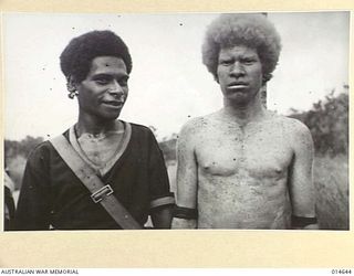 1943-04-14. NEW GUINEA. APANINI, ONE OF THE VERY FEW ALBINOS IN NEW GUINEA. HE IS VERY FAIR WITH FRECKLES AND GOLDEN BLONDE CURLY HAIR. WITH HIM IS A NATIVE POLICE BOY. (NEGATIVE BY N. BROWN)
