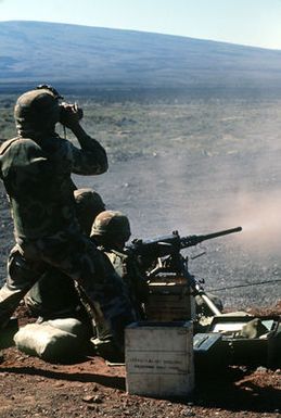A squad leader observes the impact area while a gunner of Weapons Company, 1ST Battlion, 3rd Marines fires an M-2.50-caliber machine gun during a Marine Corps combat readiness evaluation