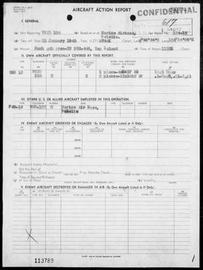 VMTB-134 - ACA rep #134-13 â Bombing & strafing possible sub area on Yap Is, Carolines on 1/22/45