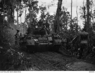 SOUTH BOUGAINVILLE. 1945-07-24. MATILDA TANKS OF 4 TROOP, A SQUADRON, 2/4 ARMOURED REGIMENT, CROSSING A CULVERT ON BUIN ROAD EAST OF THE MOBIAI RIVER. THEY ARE MOVING FORWARD TO RELIEVE 2 TROOP ..