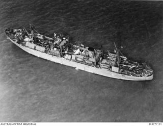 OVERHEAD VIEW OF THE AMERICAN TRANSPORT PENNANT (EX GRETA MAERSK, EX CRICAMOLA). SHE IS ARMED WITH A 4 INCH GUN AND TWO 3 INCH AA GUNS AFT WITH A THIRD 3 INCH WEAPON IN THE BOWS. 20 MM OERLIKON AA ..