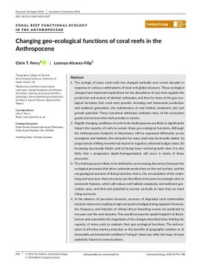Changing geo-ecological functions of coral reefs in the anthropocene.