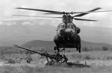 Members of Battery C, 1ST Battalion, 8th Field Artillery Regiment, hook an M198 155 mm Howitzer to the sling of a CH-47 Chinook helicopter during Exercise OPPORTUNE JOURNEY 2-86 in the Pohakuloa Training Area