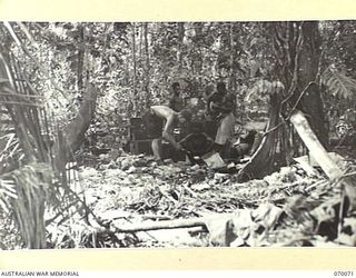 GOALING RIVER AREA, WEST NEW GUINEA. 1944-01-25. AUSTRALIAN NEW GUINEA ADMINISTRATIVE UNIT NATIVES SHOWN WITH A MEMBER OF THE 9TH DIVISION SALVAGE UNIT AT A HOSPITAL STORES DUMP LEFT BY RETREATING ..