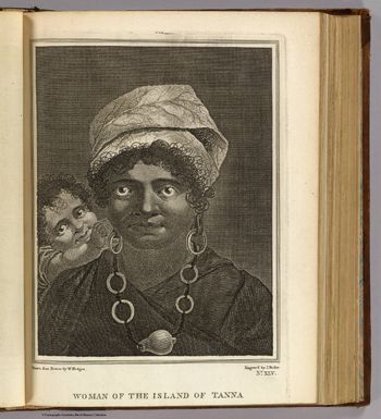 Woman of the island of Tanna. Drawn from nature by W. Hodges. Engrav'd by J. Basire. No. XLV. (Published Febry. 1st, 1777 by Wm. Strahan in New Street, Shoe Lane & Thos. Cadell in the Strand, London)