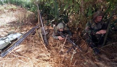 US Marine Corps Lance Corporal (LCPL) Andrew Rodecap mans a M240G machine gun and LCPL Michael Lewis armed with the 5.56mm M16A2 assault rifle guard several 5.56mm M16A2 assault rifles in the " Stack Arms" position at the Pacific Missile Range Facility, "Barking Sands" Kauai, HI. Marines from the 11th Marine Expeditionary Unit (MEU) Camp Pendleton, CA and involved Navy and Marine Air, Ground and Sea Forces trained as a combined amphibious assault force during Operation RIMPAC 96