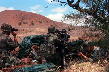 Members of the 1ST Bn., 19th Inf., 25th Inf. Div., use a BGM-71 Tube-launched, Optically-tracked, Wire-guided (TOW) weapon system to cover the valley between Puu Haleiwa and Puu Waialua during a live fire exercise