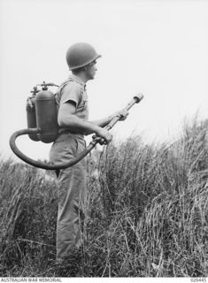PAPUA, NEW GUINEA. 1942-08. FLAME THROWERS USED BY THE JAPANESE AGAINST AUSTRALIAN TROOPS AT MILNE BAY