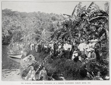 The Waikare excursionists picnicking at a banana plantation, Tamavu River, Fiji