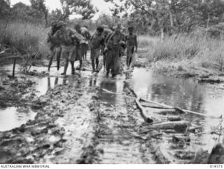 1943-01-22. SANANANDA AREA, PAPUA. FORDING A MUDDY SWAMP WITH NATIVE PAPUAN BEARERS. THIS IS THE TYPE OF COUNTRY AUSTRALIANS PLOUGHED THROUGH ON THE WAY FROM BUNA TO SANANANDA