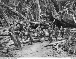 WEBER'S POINT, NEW GUINEA, 1944-02-09. "D" COMPANY, 30TH INFANTRY BATTALION, PASSING THROUGH "B" COMPANY AS THEY ADVANCE UP THE COAST FROM ROINJI (2) AND WEBER'S POINT CROSSING MUDDY SWAMPS, KUNAI ..