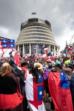 Hīkoi mō te Tiriti in front of the Beehive