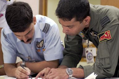 Squadron Leaders B.S. Kanwar, (left), Indian Air Force, and Shaheed Al-Mamun, Bangladesh Air Force, discuss flightline activities at Andersen AFB, Guam during PACIFIC AIRLIFT RALLY 2001. PACIFIC AIRLIFT RALLY (PAR) is a PACAF-sponsored Military Airlift symposium for countries in the pacific region. PAR, held every two years and hosted by a pacific nation, this year Guam is the host nation with the symposium staging out of Andersen AFB. The symposium includes informational seminars with area of expertise briefings, a Command Post Exercise (CPX) which addresses military airlift support to a humanitarian airlift/disaster relief scenario, and a concurrent flying training program that builds...