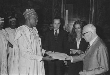 President of Republic Sandro Pertini receives His Excellency Bukar Shaib, new Ambassador of Federal Republic of Nigeria, His Excellence Satya Nand Nandan, new Ambassador of Fiji Islands and His Excellence Gabriel Canadas Nouvilas, new Ambassador of Spain for the presentation of Credit Letters