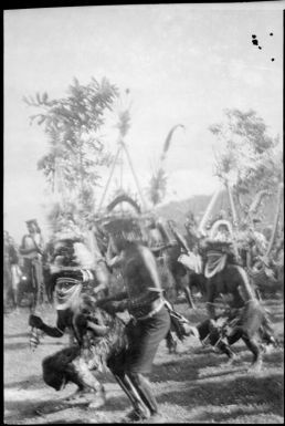 Group of dancers crouching down, New Guinea, ca. 1929 / Sarah Chinnery