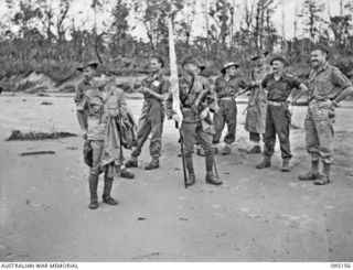 MIVO RIVER, BOUGAINVILLE, 1945-08-18. MAJOR OTSU, AND SUPERIOR PRIVATE TAKESHITA, FLAG BEARER, MEMBERS OF A SURRENDER ENVOY RETURN TO LIEUTENANT-GENERAL M. KANDA, COMMANDER IMPERIAL JAPANESE 17 ..