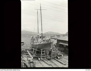 Port Moresby, Papua. 1944-08-25. Stradbroke 2, a 4th Sea Ambulance transport ship, on the slips at Napa Napa No. 2 Watercraft workshops undergoing repairs after her collision with a US Liberty ship