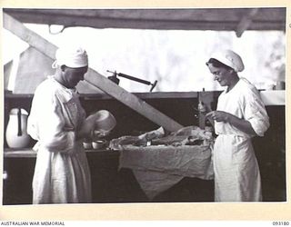 BOUGAINVILLE, 1945-06-18. CPL E.A. GRACE (1) AND SISTER I.B. SCHULTZ (2), CLEANING INSTRUMENTS IN THE OPERATING THEATRE STERILISING ROOM AT 109 CASUALTY CLEARING STATION. (A GENERAL VIEW OF THE ..