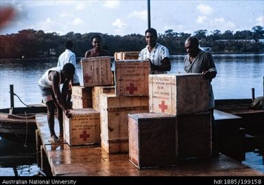 Red Cross boxes on Paton Memorial Hospital wharf