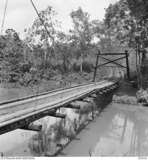 DONADABU, NEW GUINEA. 1943-11-03. A SUSPENSION BRIDGE BUILT OVER A SMALL CREEK NEAR THE LALOKI RIVER. OWING TO THE LIGHT CONSTRUCTION IT WILL CARRY ONLY JEEP AND FOOT TRAFFIC