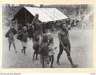 YAMIL 2, NEW GUINEA, 1945-07-20. KANAKA TRIBES WITH THEIR FAMILIES AND BELONGINGS MOVING THROUGH HQ 2/6 INFANTRY BATTALION CAMP ON THEIR WAY FORWARD TO RE OCCUPY THEIR VILLAGE ILIPEM, WHICH HAS ..