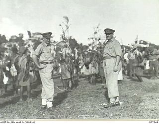 MALAHANG, LAE, NEW GUINEA. 1944-12-25. TX2051 BRIGADIER E.L. SHEEHAN, BRIGADIER GENERAL STAFF, HEADQUARTERS, FIRST AUSTRALIAN ARMY (1) AND VX289 BRIGADIER R. BIERWORTH, OBE, DEPUTY AJUTANT AND ..