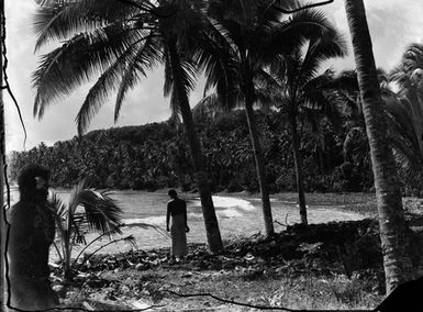 [Tropical coastscape with two Pacific Islanders]